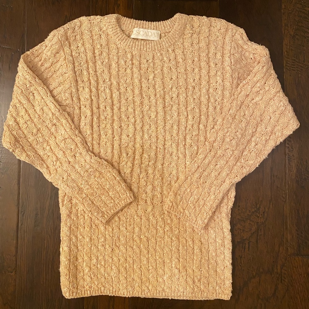 Escada Vintage 80s Light Peach Cable Knit Metallic Thread Cotton Sweater